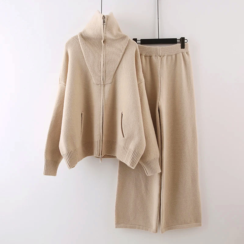 2-Piece Knit Set for Women with Zip-Front Cardigan and Wide-Leg Pants