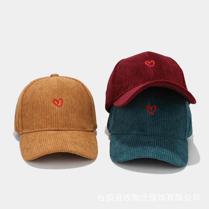 Corduroy Cap with Subtle Heart Embroidery