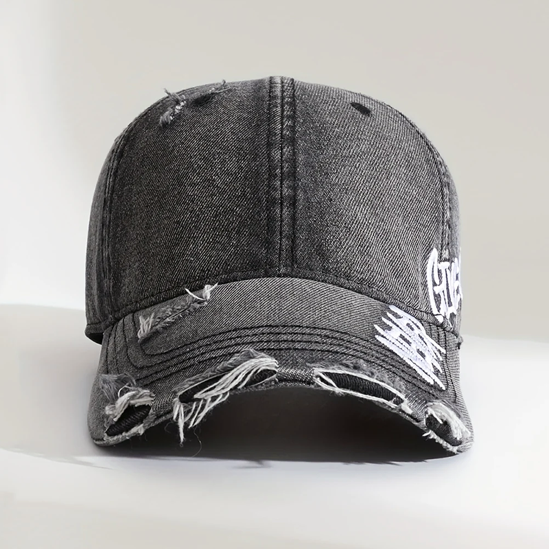 Distressed Denim Cap with “Never Give Up” Stitching
