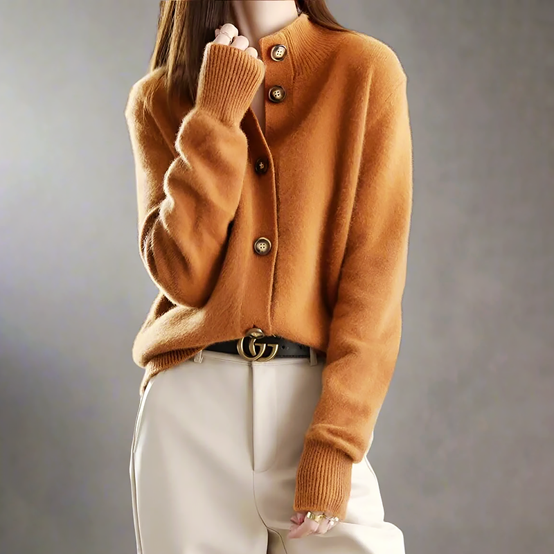 High-Collar Knit Cardigan for Women with Button Closure