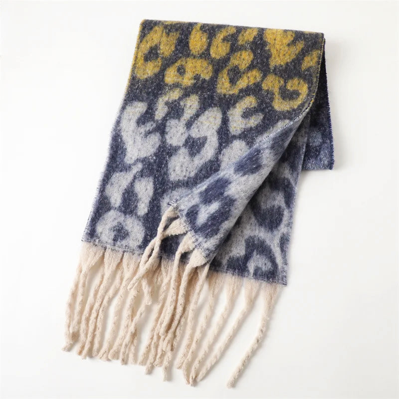 Leopard Pattern Long Scarf with Fringed Ends