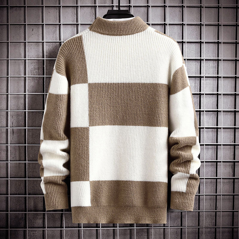 Men’s Checkered Pattern Sweater with Mock Neck Collar