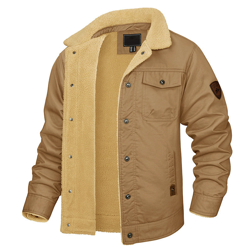 Men’s Fleece-Lined Cotton Cargo Jacket with Button-Up Closure
