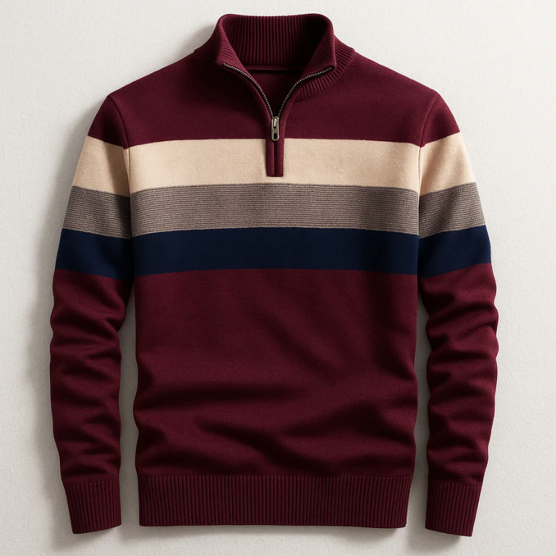 Men’s Half-Zip Knit Sweater with Stripes Detail