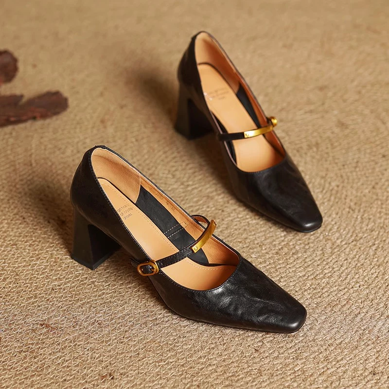 Women’s Genuine Leather Pointed Shoes with Block Heel and Strap