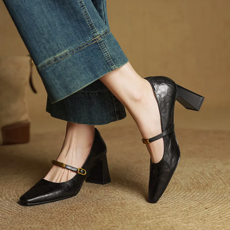 Women’s Genuine Leather Pointed Shoes with Block Heel and Strap