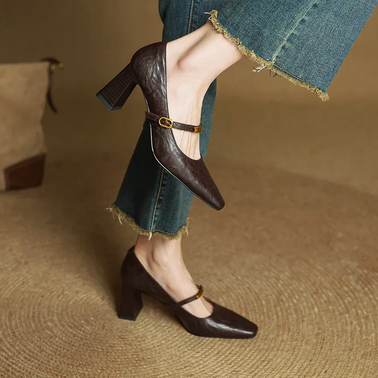 Women’s Genuine Leather Pointed Shoes with Block Heel and Strap