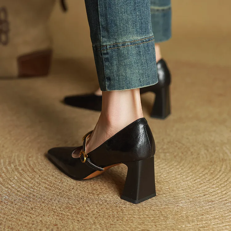 Women’s Genuine Leather Pointed Shoes with Block Heel and Strap