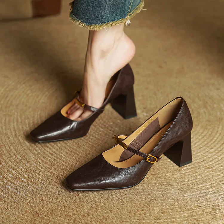 Women’s Genuine Leather Pointed Shoes with Block Heel and Strap