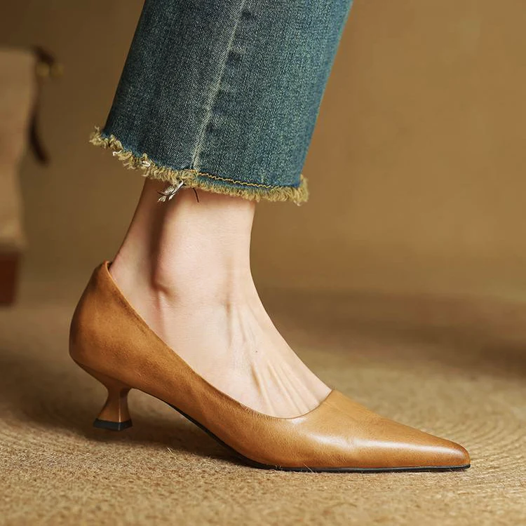 Women’s Genuine Leather Pointed Shoes with Kitten Heel