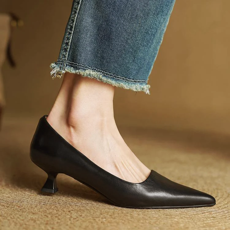 Women’s Genuine Leather Pointed Shoes with Kitten Heel