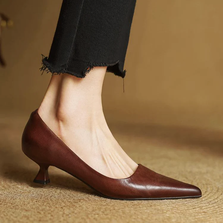 Women’s Genuine Leather Pointed Shoes with Kitten Heel