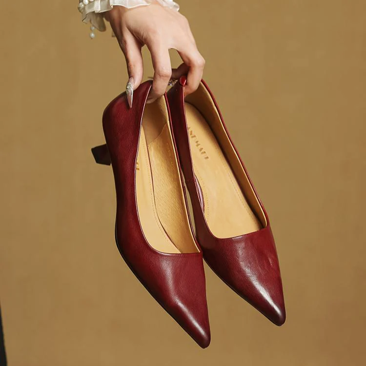 Women’s Genuine Leather Pointed Shoes with Kitten Heel