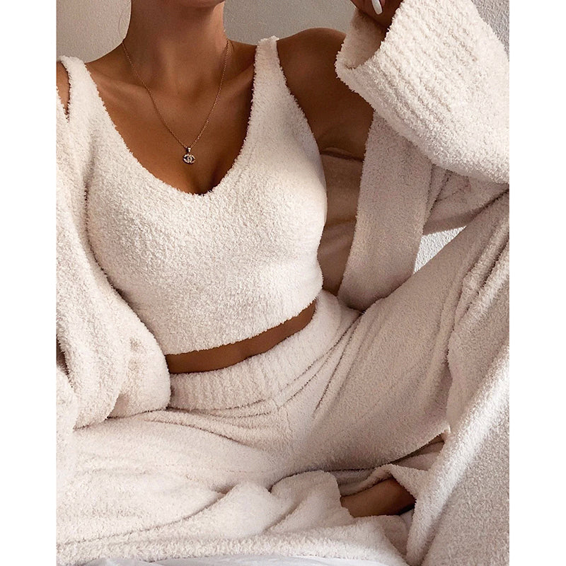 Women’s 2-Piece Plush Loungewear Set with Cropped Tank Top and Pants