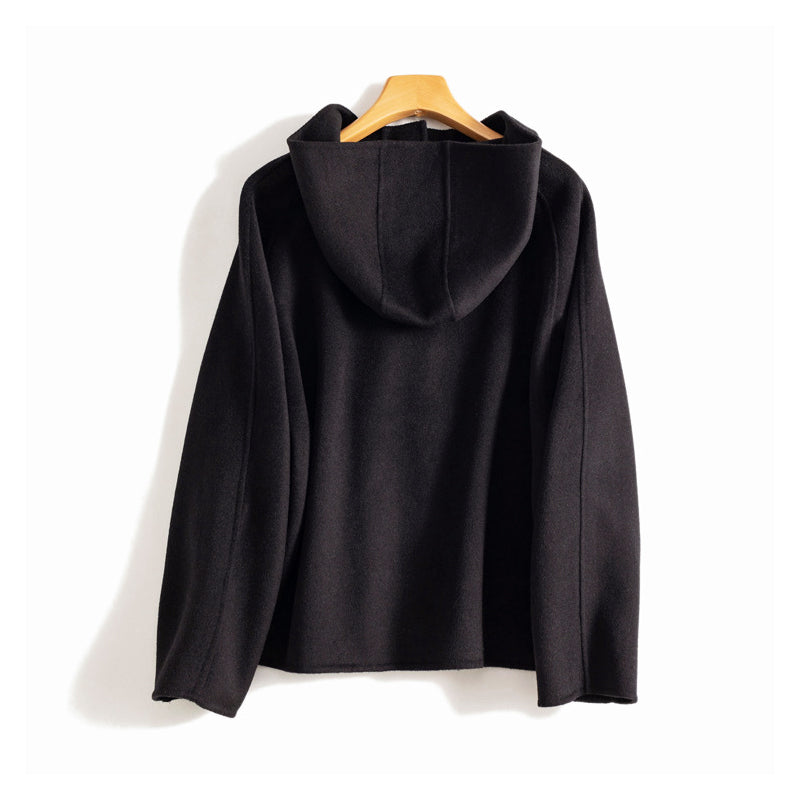 Button-Front Short Wool Coat with Hood for Women