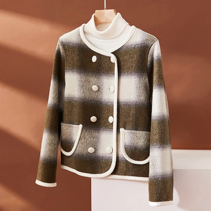 Checked Wool Short Coat for Women with Front Pockets