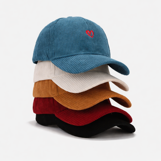 Corduroy Cap with Subtle Heart Embroidery