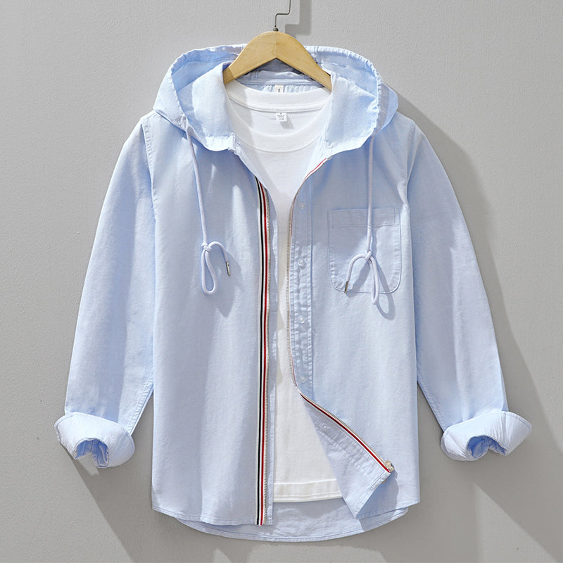 Cotton Hooded Shirt with Zipper Closure