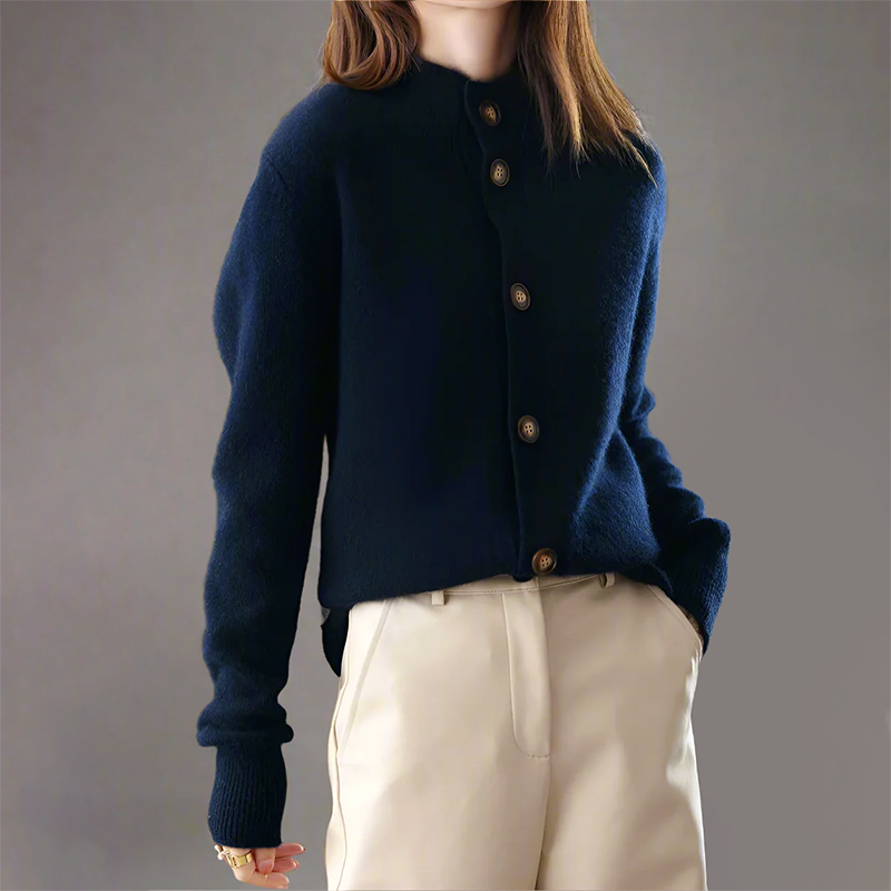High-Collar Knit Cardigan for Women with Button Closure