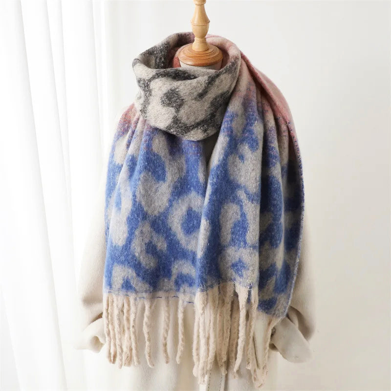 Leopard Pattern Long Scarf with Fringed Ends