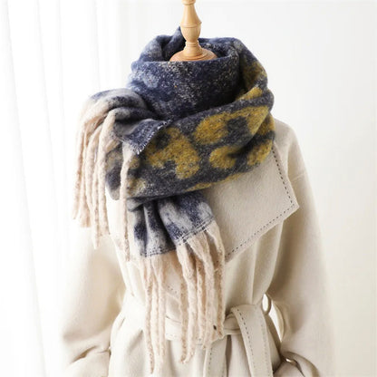 Leopard Pattern Long Scarf with Fringed Ends