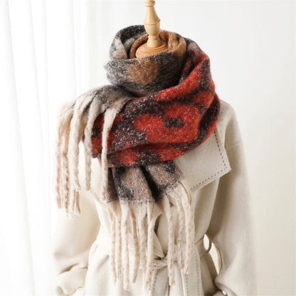 Leopard Pattern Long Scarf with Fringed Ends