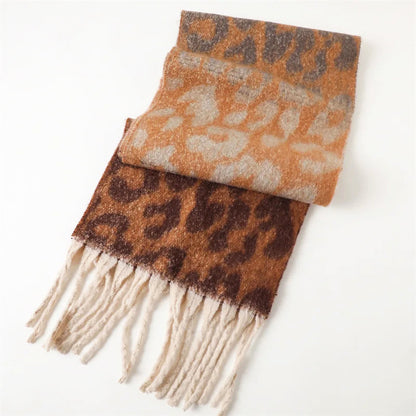 Leopard Pattern Long Scarf with Fringed Ends