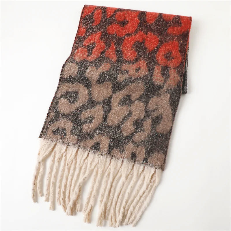 Leopard Pattern Long Scarf with Fringed Ends