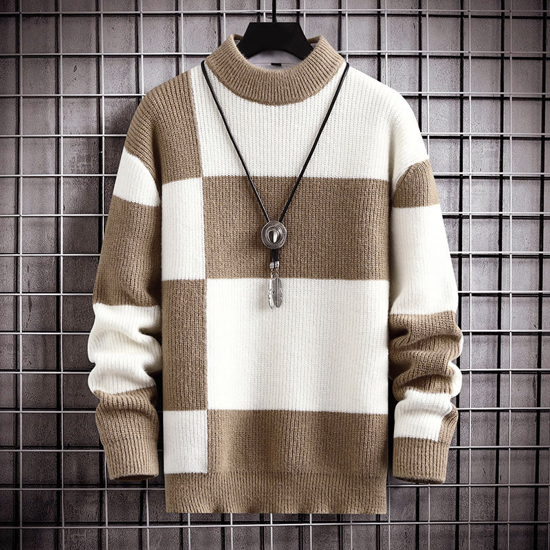 Men’s Checkered Pattern Sweater with Mock Neck Collar