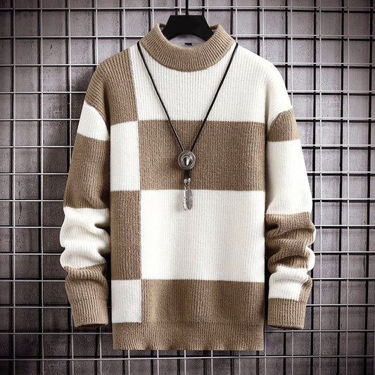 Men’s Checkered Pattern Sweater with Mock Neck Collar