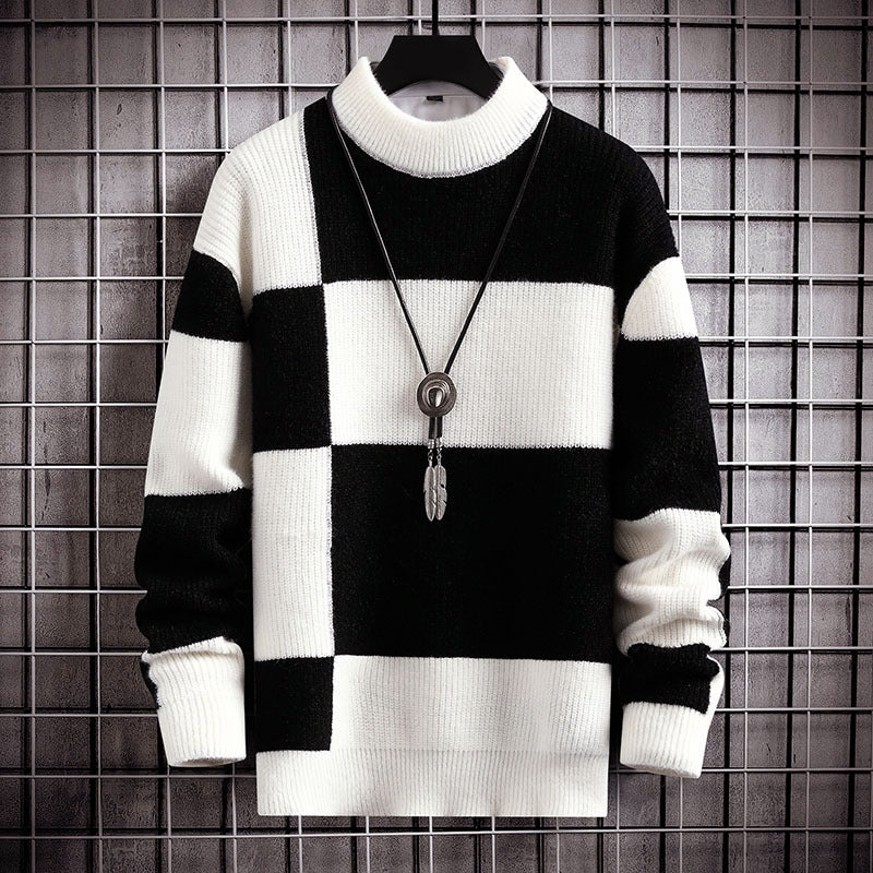 Men’s Checkered Pattern Sweater with Mock Neck Collar