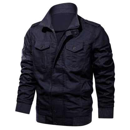 Men’s Cotton Military-Style Bomber Jacket with Zipper Closure
