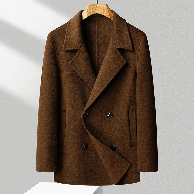 Men’s Double-Breasted Wool Blend Coat with Notched Lapel