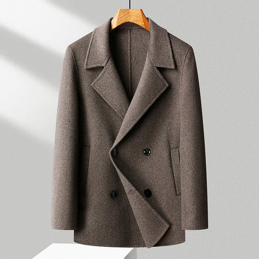 Men’s Double-Breasted Wool Blend Coat with Notched Lapel