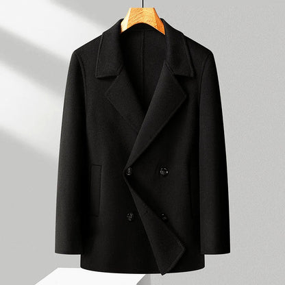 Men’s Double-Breasted Wool Blend Coat with Notched Lapel