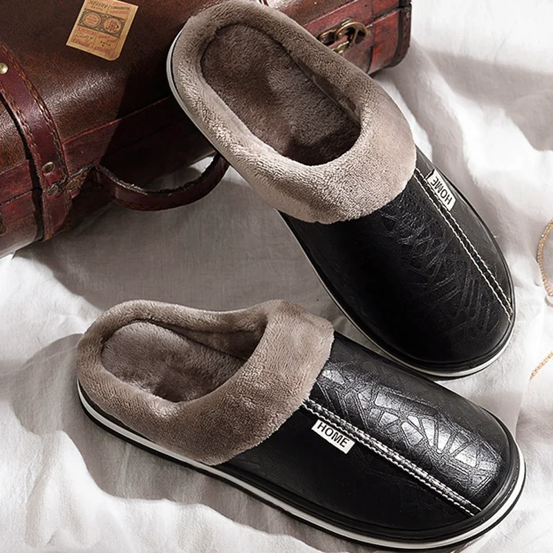 Men’s Faux Leather Indoor Slippers with Fleece Lining