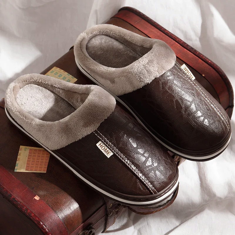 Men’s Faux Leather Indoor Slippers with Fleece Lining