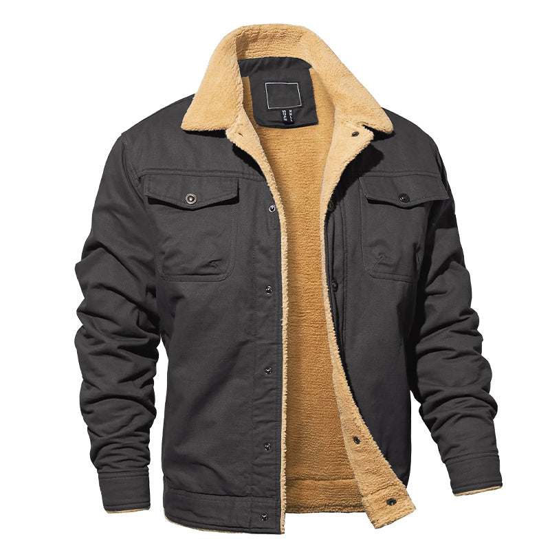 Men’s Fleece-Lined Cotton Cargo Jacket with Button-Up Closure