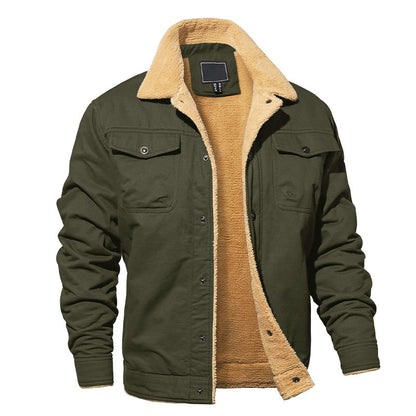 Men’s Fleece-Lined Cotton Cargo Jacket with Button-Up Closure