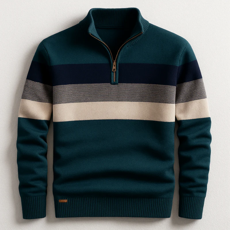 Men’s Half-Zip Knit Sweater with Stripes Detail