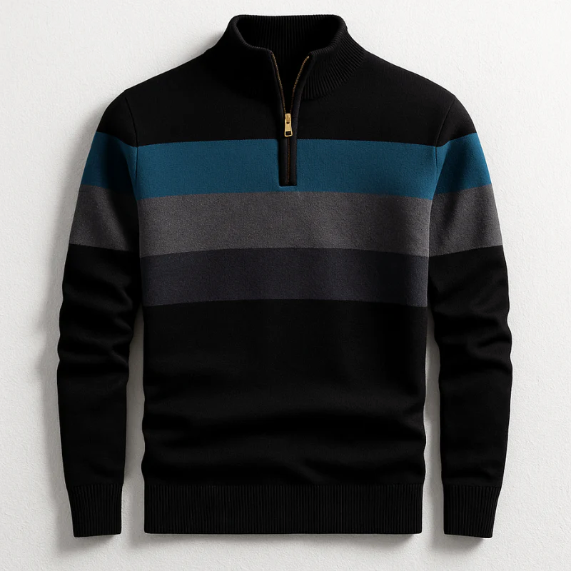 Men’s Half-Zip Knit Sweater with Stripes Detail