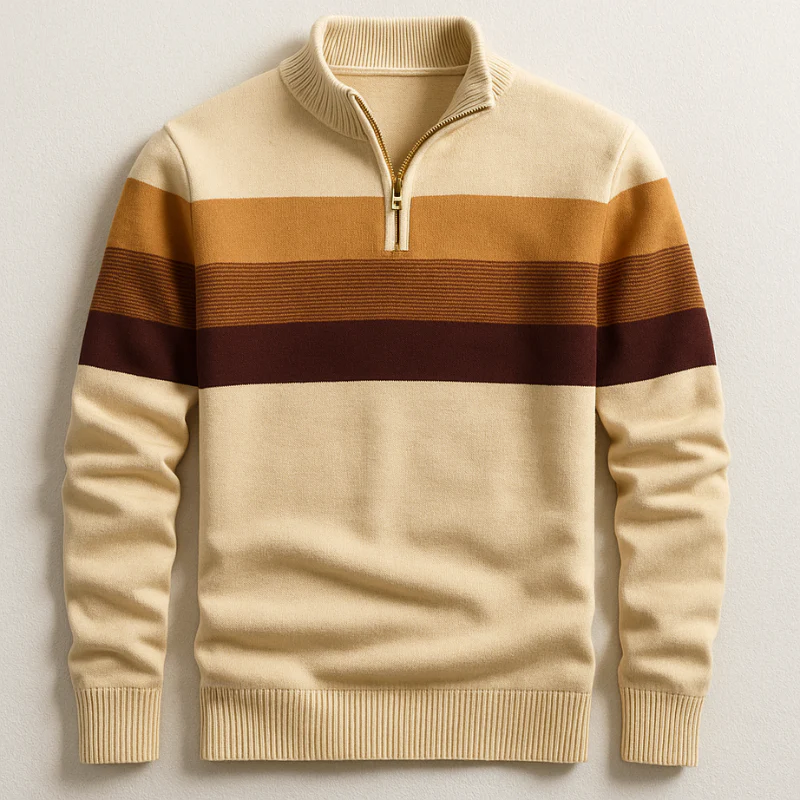 Men’s Half-Zip Knit Sweater with Stripes Detail
