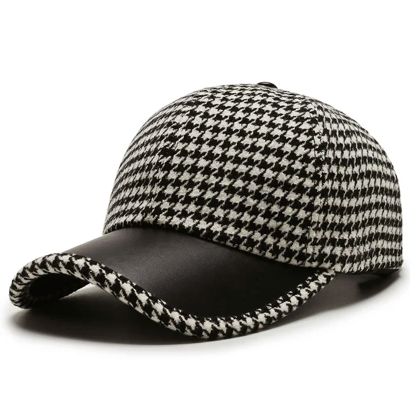 Men’s Houndstooth Hat with Faux Leather Accent