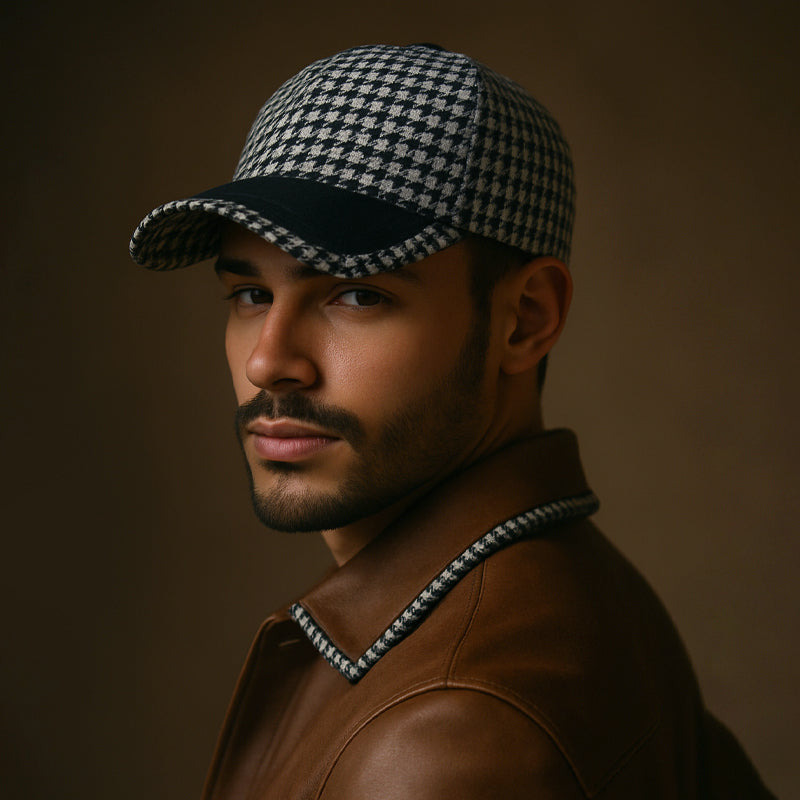 Men’s Houndstooth Hat with Faux Leather Accent