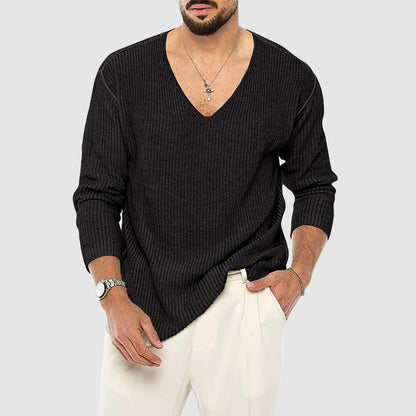 Men’s Ribbed V-Neck Knit Sweater with Relaxed Fit