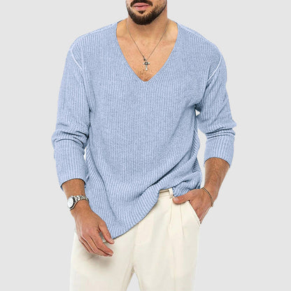 Men’s Ribbed V-Neck Knit Sweater with Relaxed Fit