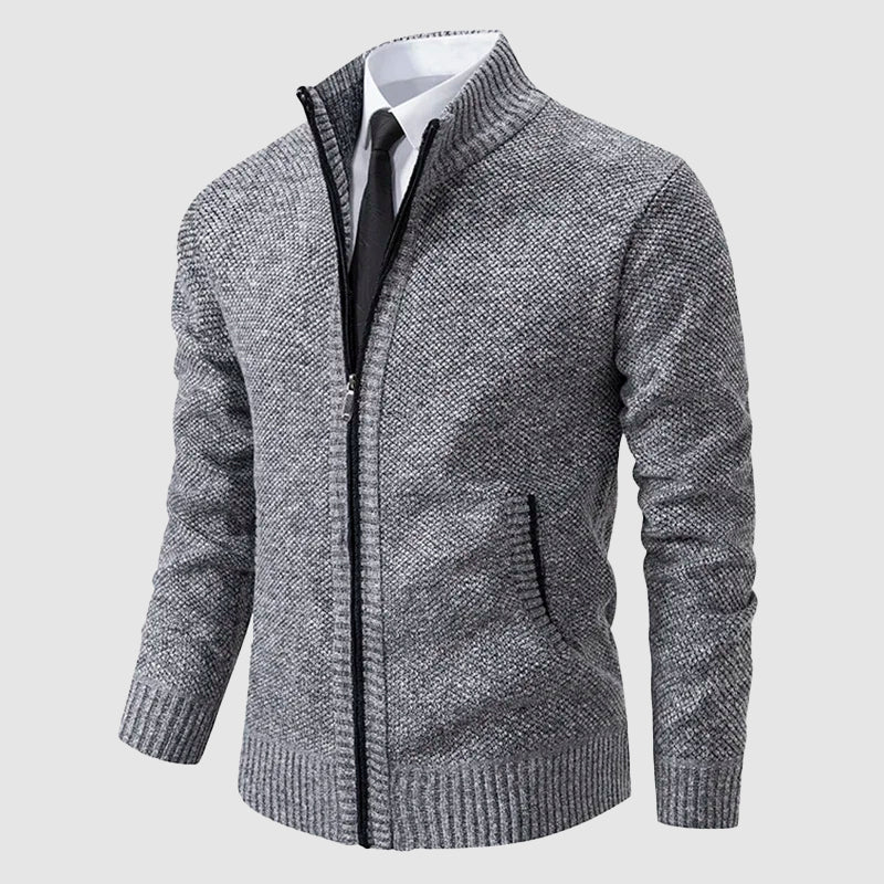Men’s Full-Zip Knit Cardigan with Stand Collar and Pockets