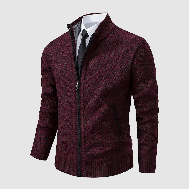 Men’s Full-Zip Knit Cardigan with Stand Collar and Pockets