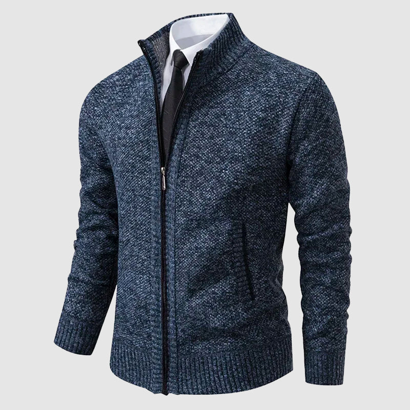 Men’s Full-Zip Knit Cardigan with Stand Collar and Pockets