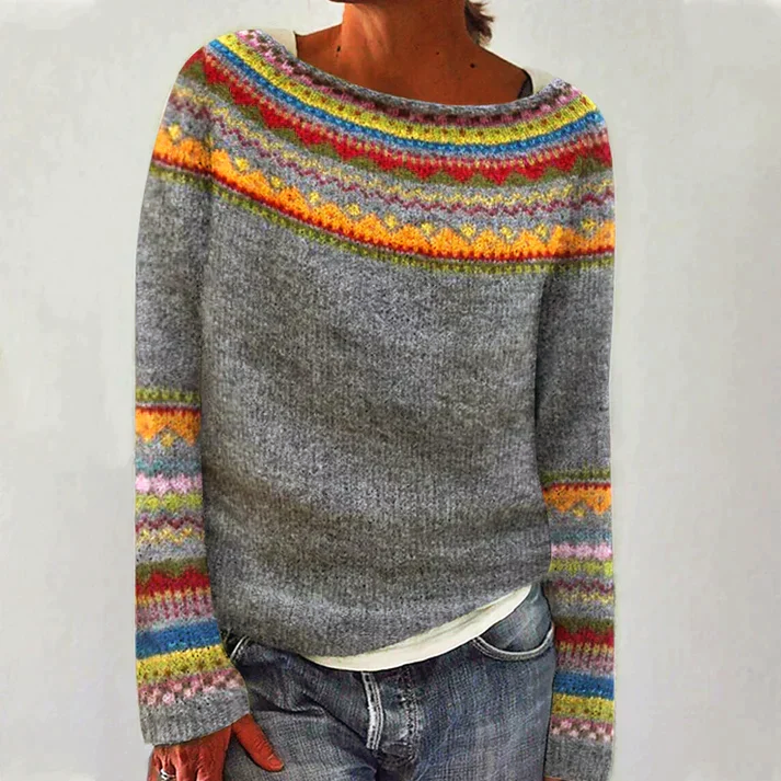 Round-Neck Women’s Sweater with Multicolor Motif